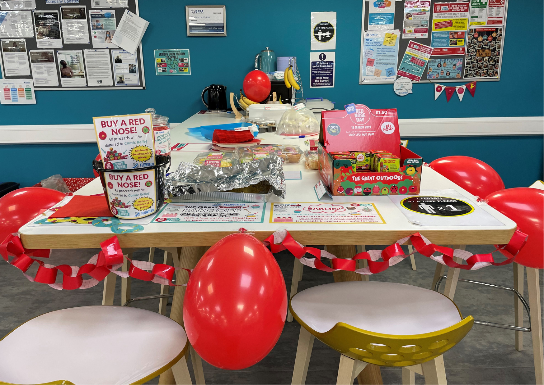 The red nose day table, in the kitchen area